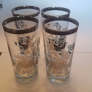 Silver-Rimmed Rose Glasses Set (4) Vintage